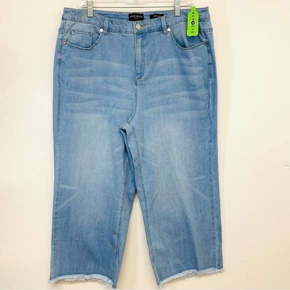 Susan Graver  Jeans Woman 18WP  Wide Leg Crop‎ Frayed Hem Pockets Stretch New - Picture 1 of 14